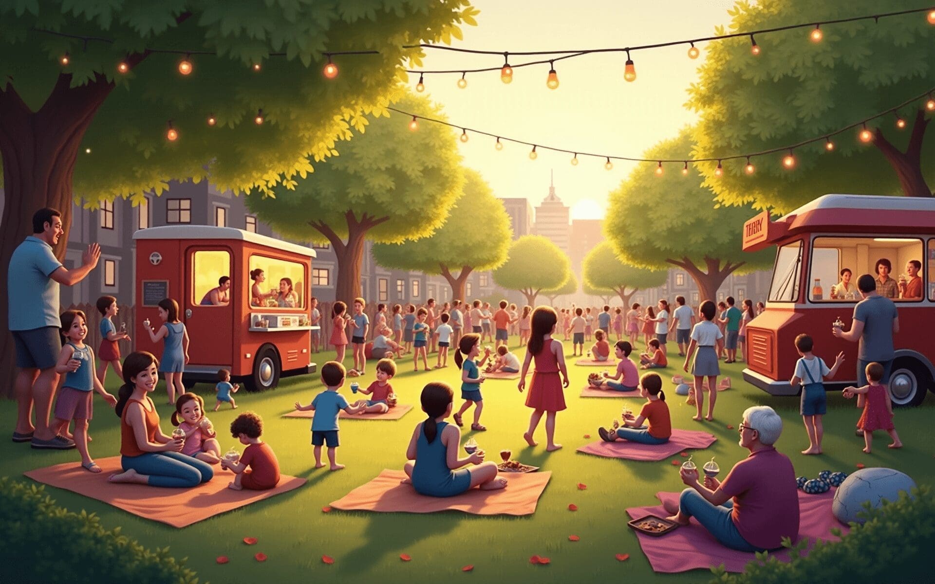 Illustration representing community events with people gathering, engaging in activities, and enjoying a festive atmosphere