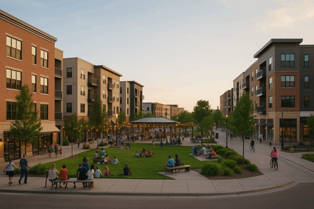 People enjoying a walkable, community-focused development in West Fargo with apartments and shared outdoor spaces