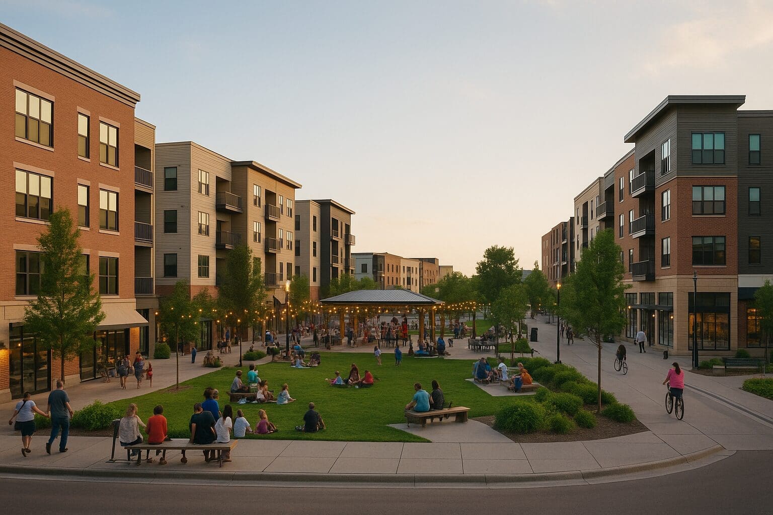 People enjoying a walkable, community-focused development in West Fargo with apartments and shared outdoor spaces